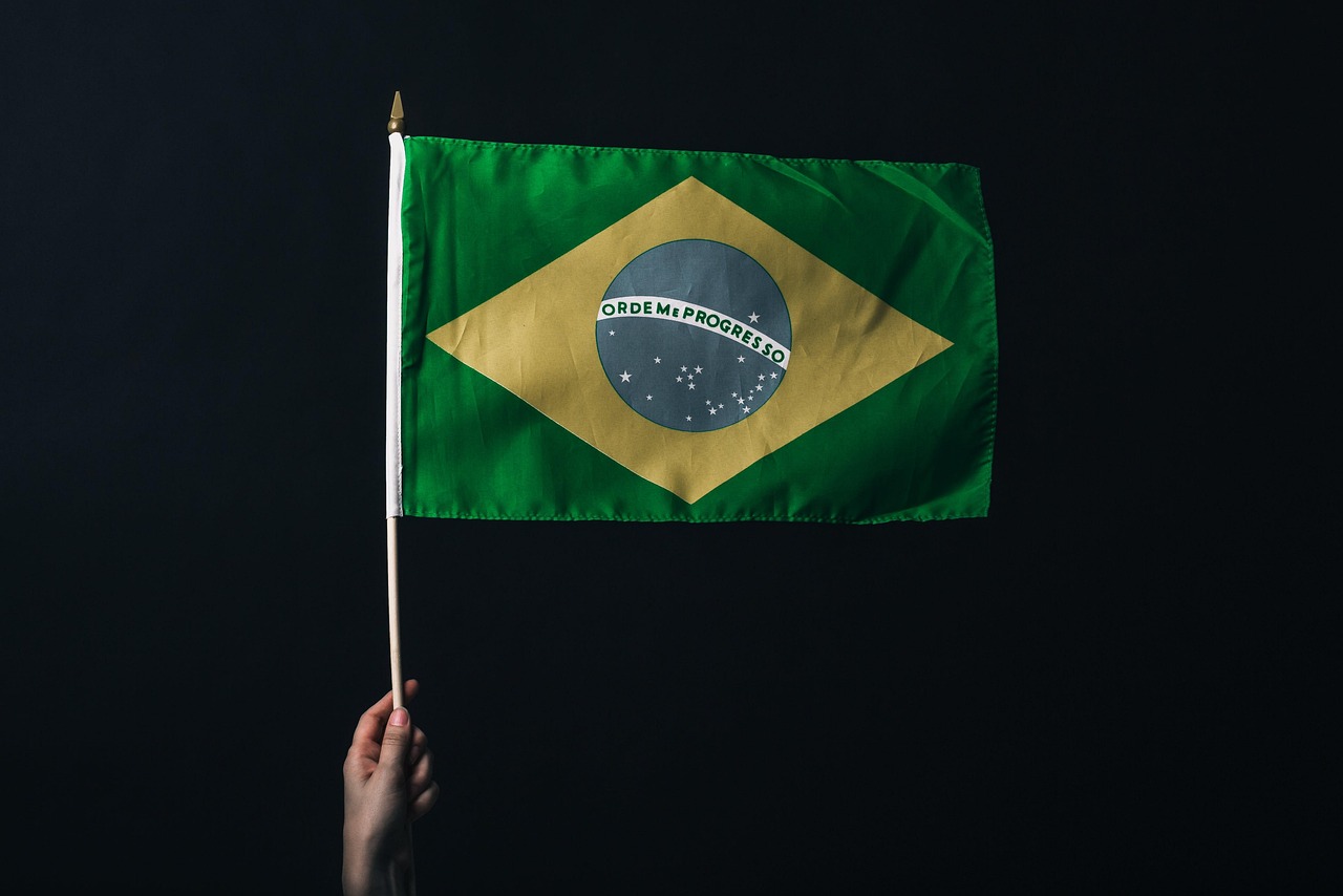 flag, brazil flag, brazil, nation, brasil bandeira brazil hand, black background, yellow and green